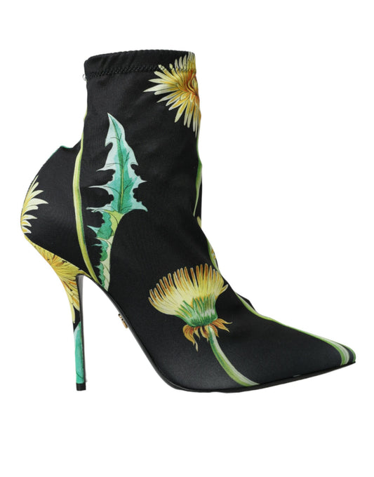 Black ankle boot with floral design on side and heel