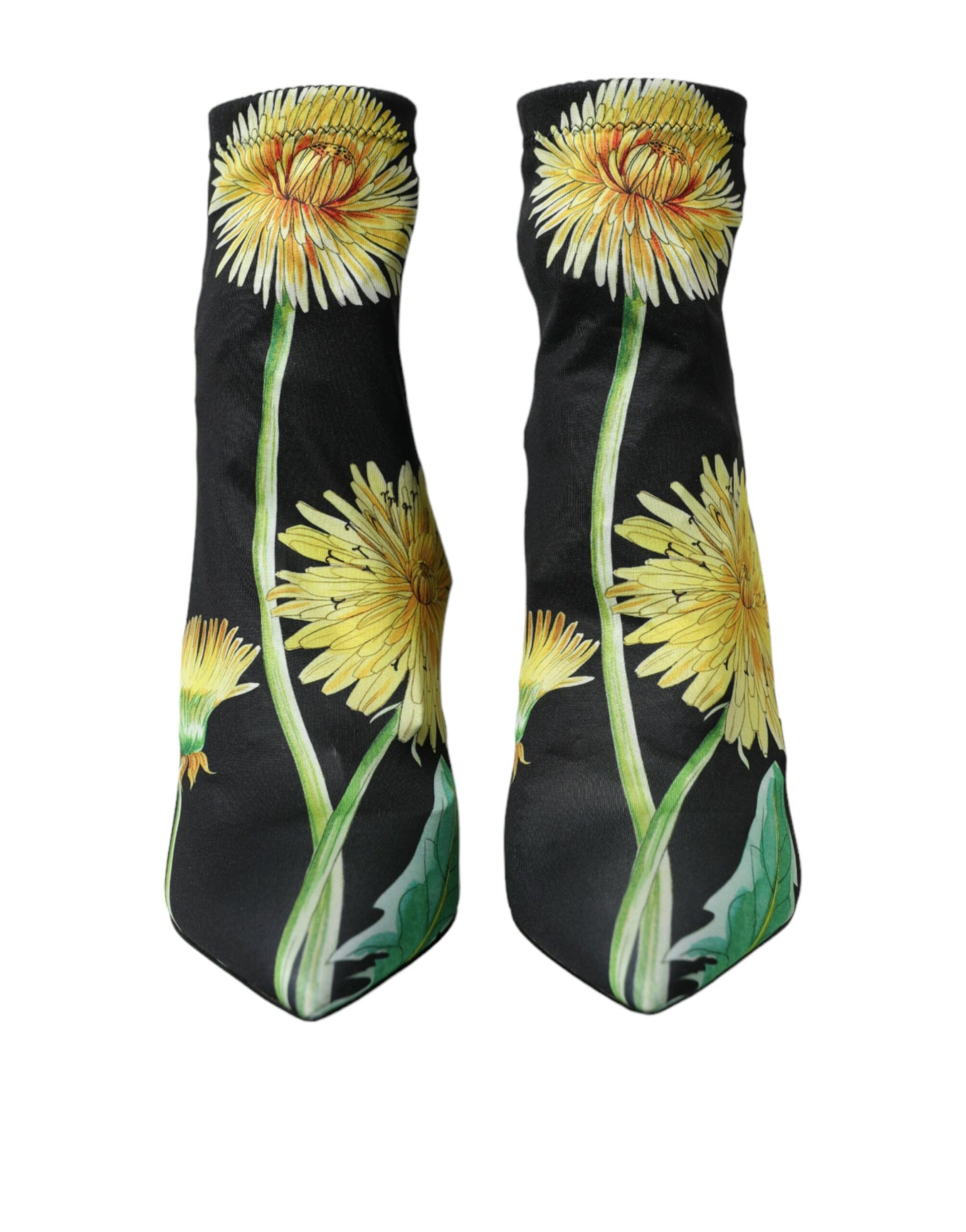 Two black socks with yellow flower pattern on them