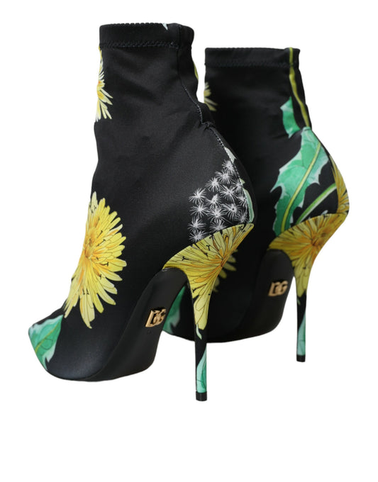 Black high heel shoes with yellow flower print and black laces
