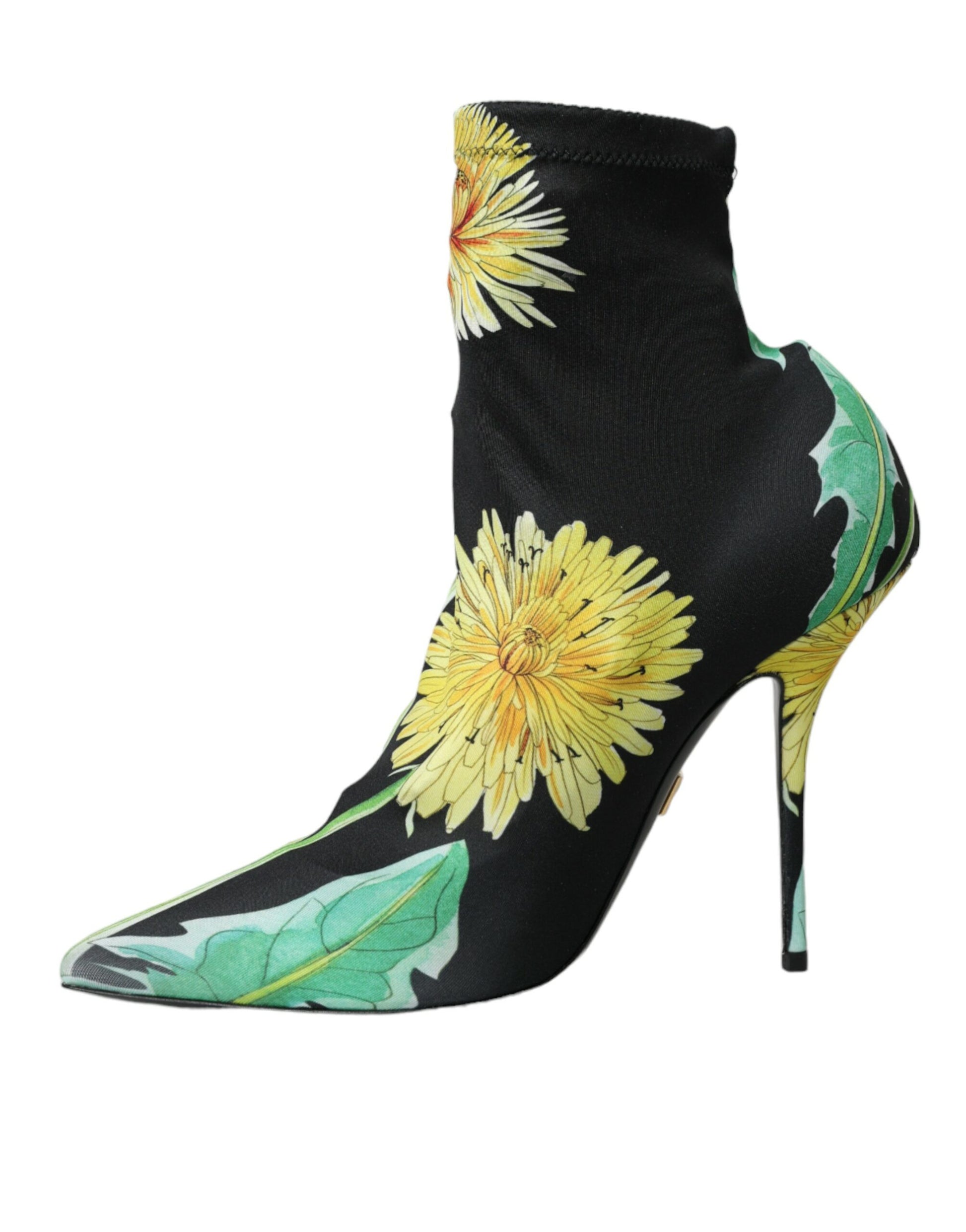 Black high heel boot with yellow flower print and green leaves