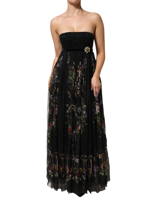A black strapless dress with floral key print and crystal embellishments