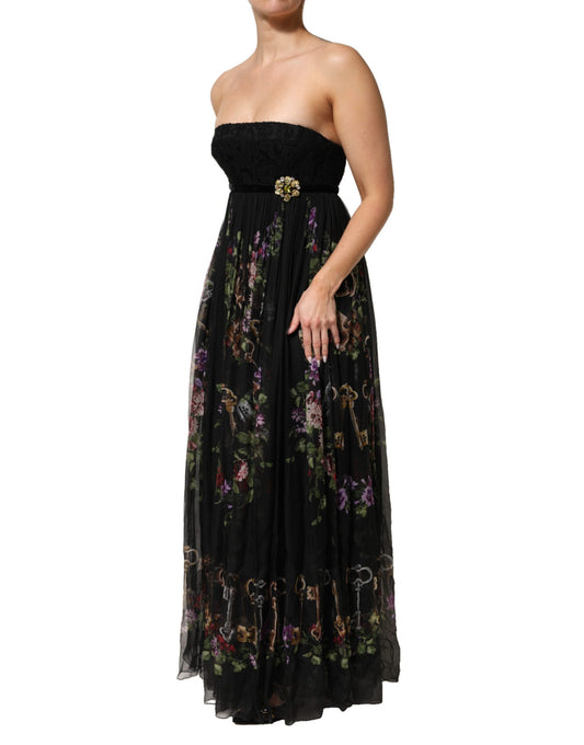 A black strapless dress with a floral key print and crystal embellishments
