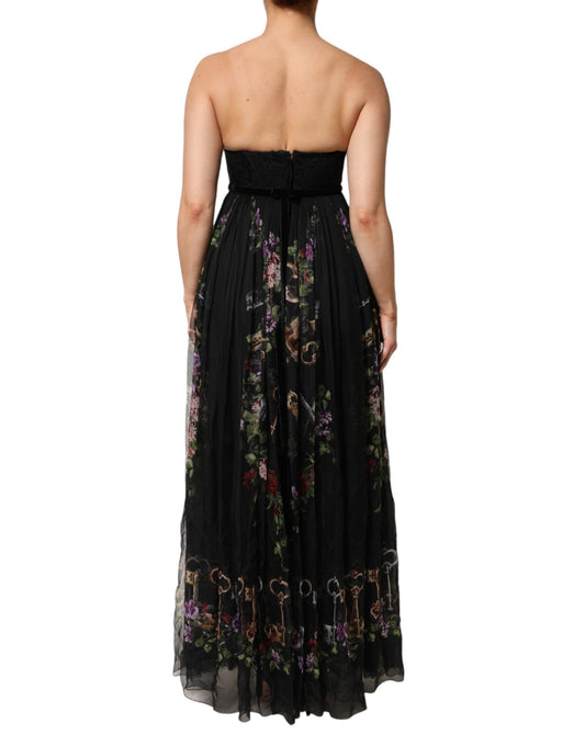 A black strapless dress with a floral key print and crystals on the bodice