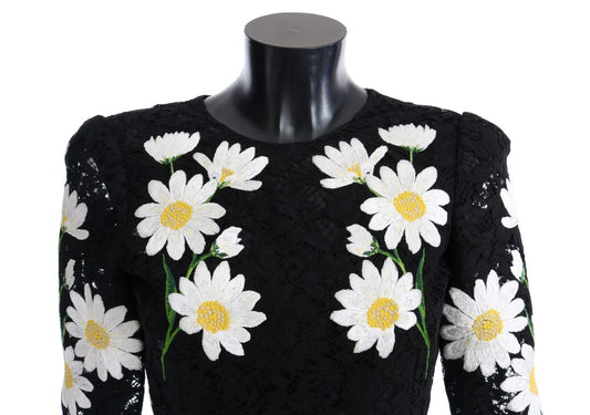 Black lace dress with white daisy embroidery