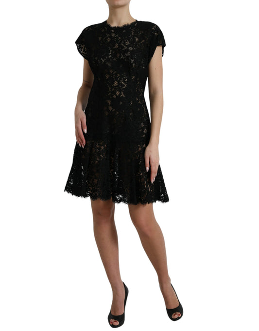 Black lace dress with floral pattern, cotton fabric, fitted bodice and flared skirt