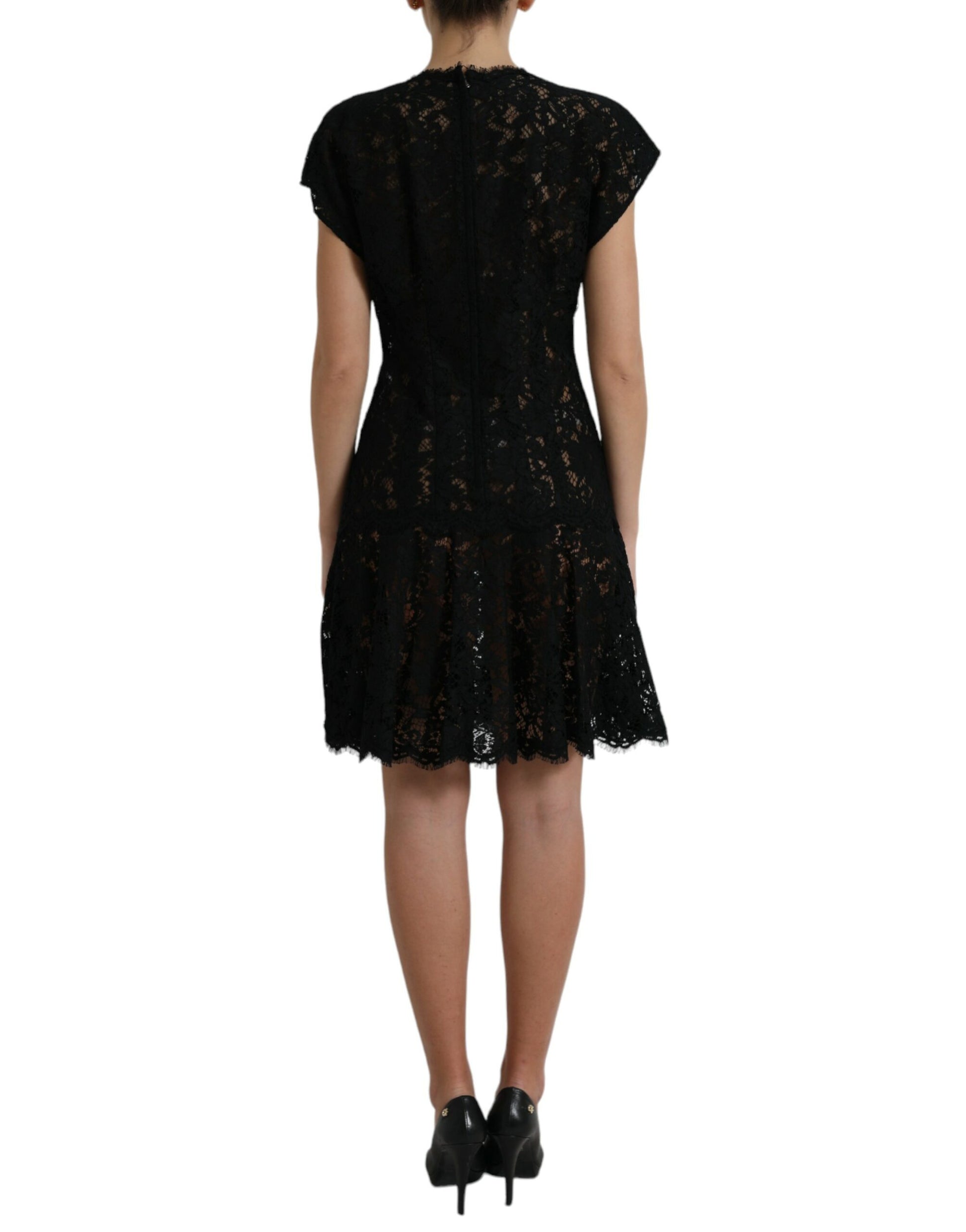 Black lace dress with floral pattern, cotton fabric, and A-line silhouette