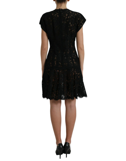 Black lace dress with floral pattern, cotton fabric, and A-line silhouette