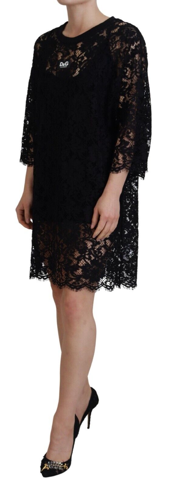 A black lace dress with floral pattern from Dolce & Gabbana, featuring a shift style and mini length