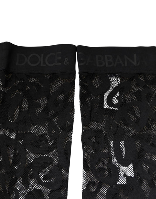 Black lace thigh high socks with white branding