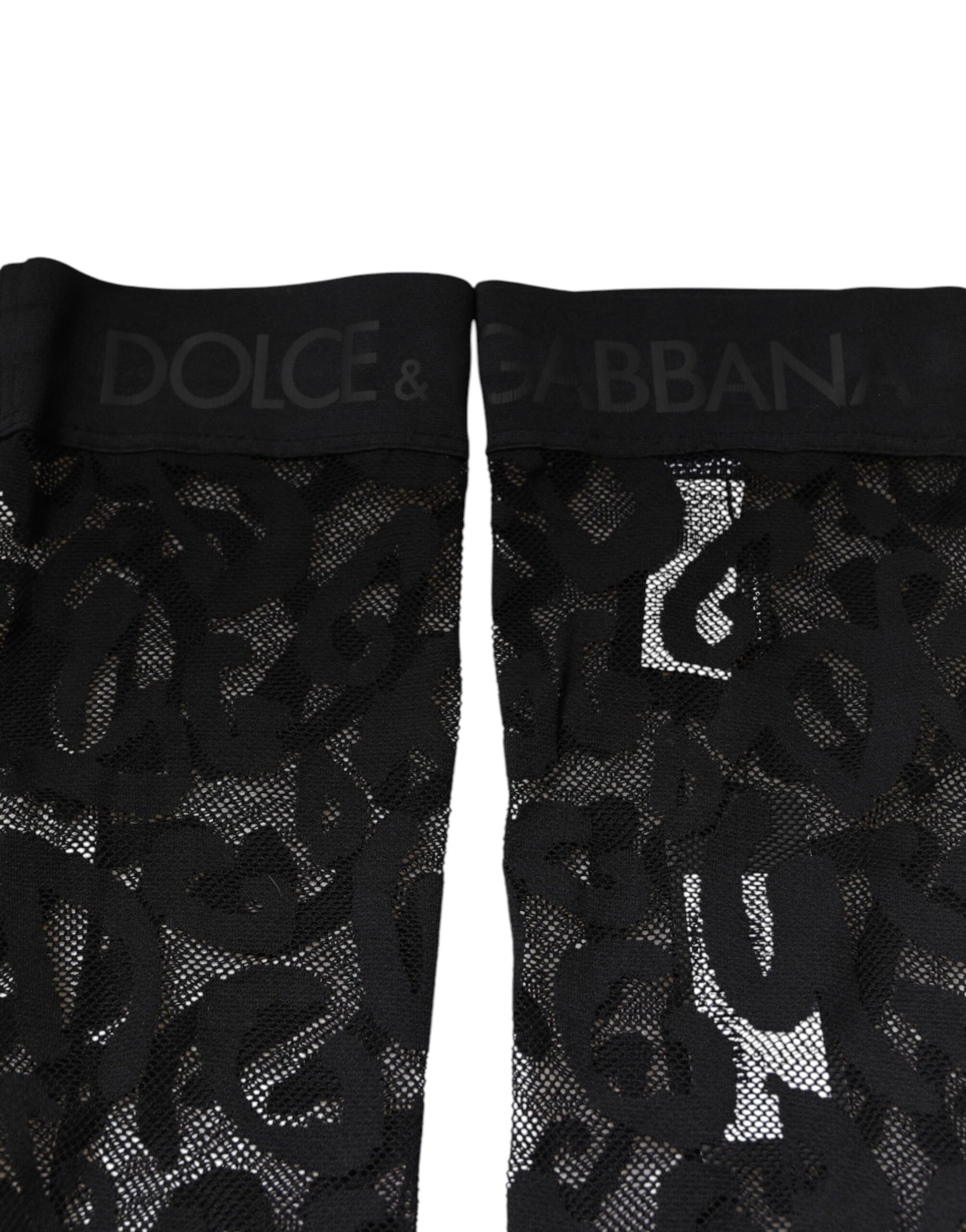 Black lace thigh high socks with white lettering