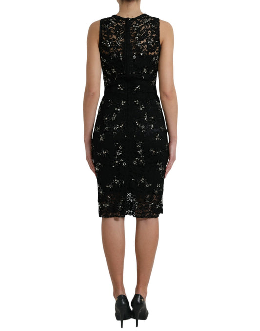 A black dress with floral lace and crystal embellishments
