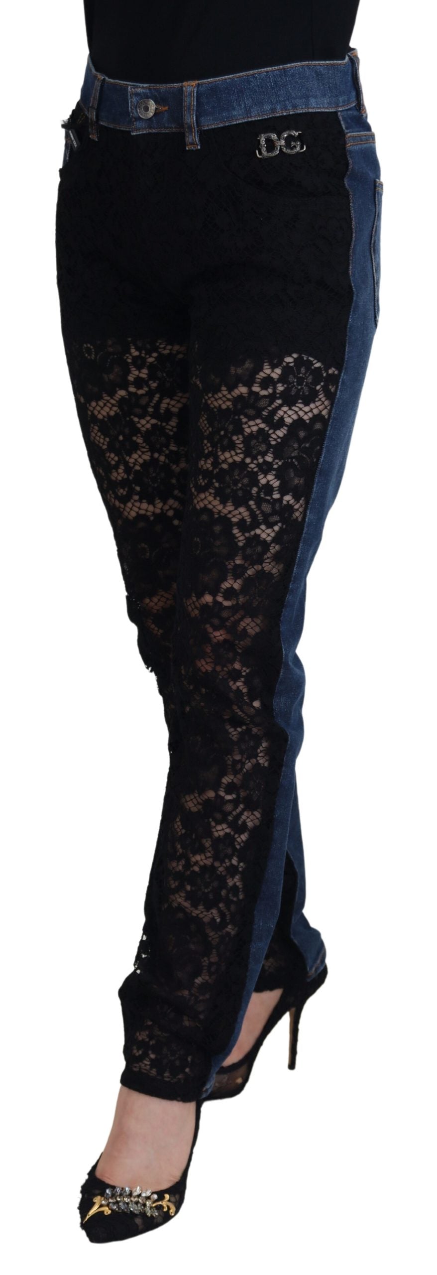 Woman wearing black lace tights and high heels