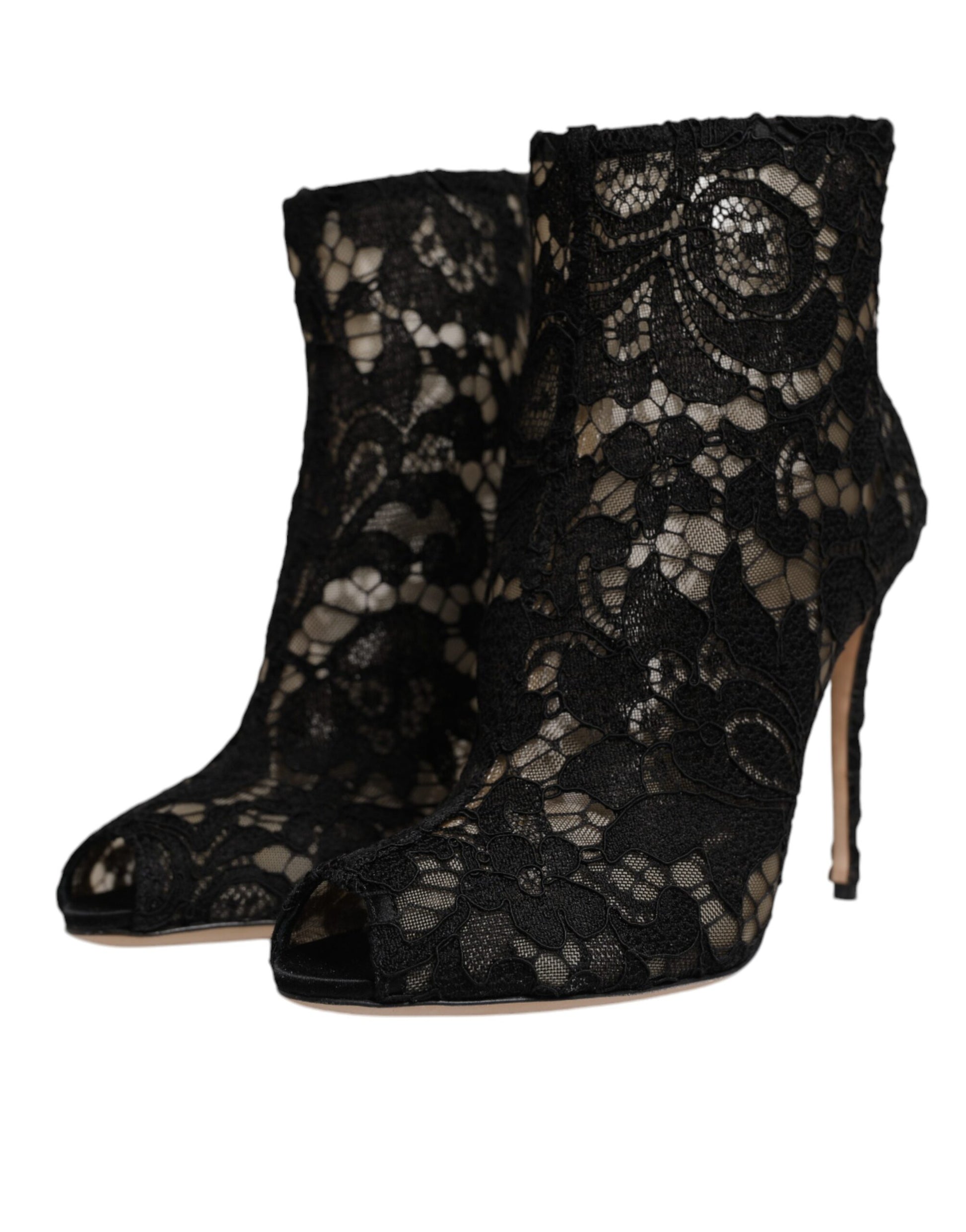 Black lace booties with high heels