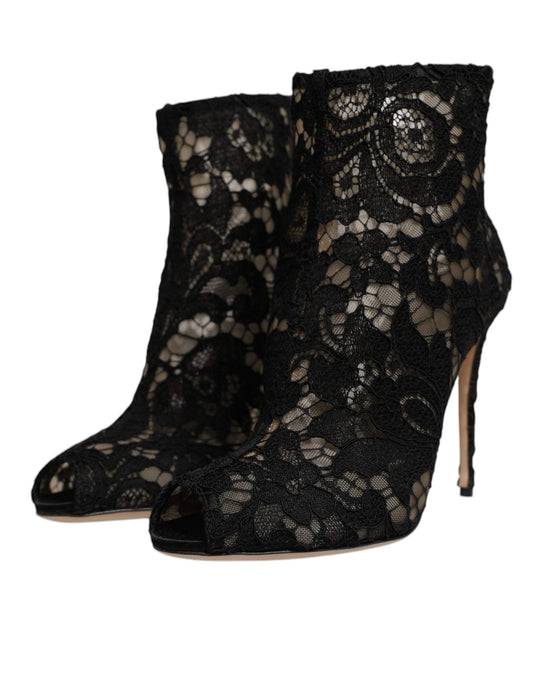 Black lace booties with high heels