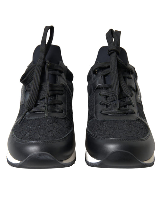 Pair of black athletic shoes with white soles and laces