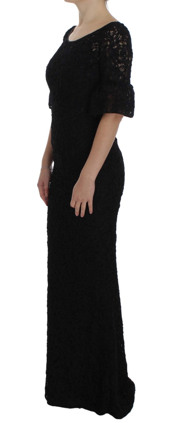 A black lace long bodycon maxi dress with floral pattern