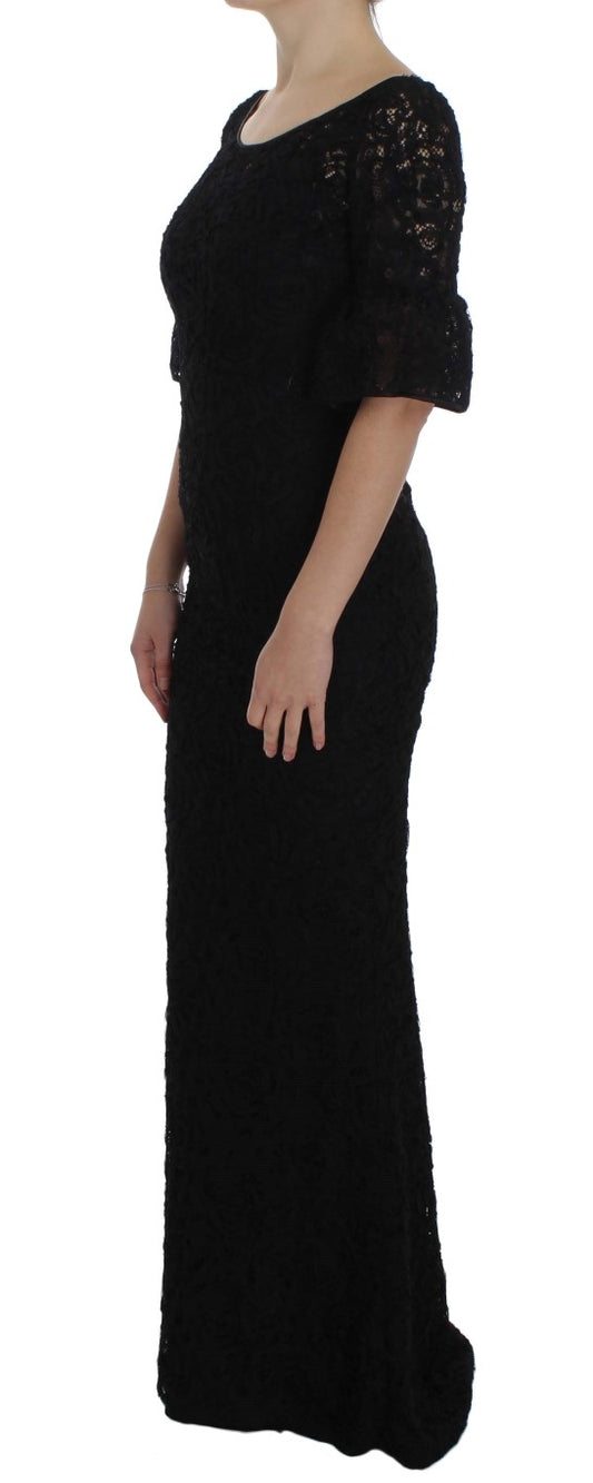 A black lace long bodycon maxi dress with floral pattern