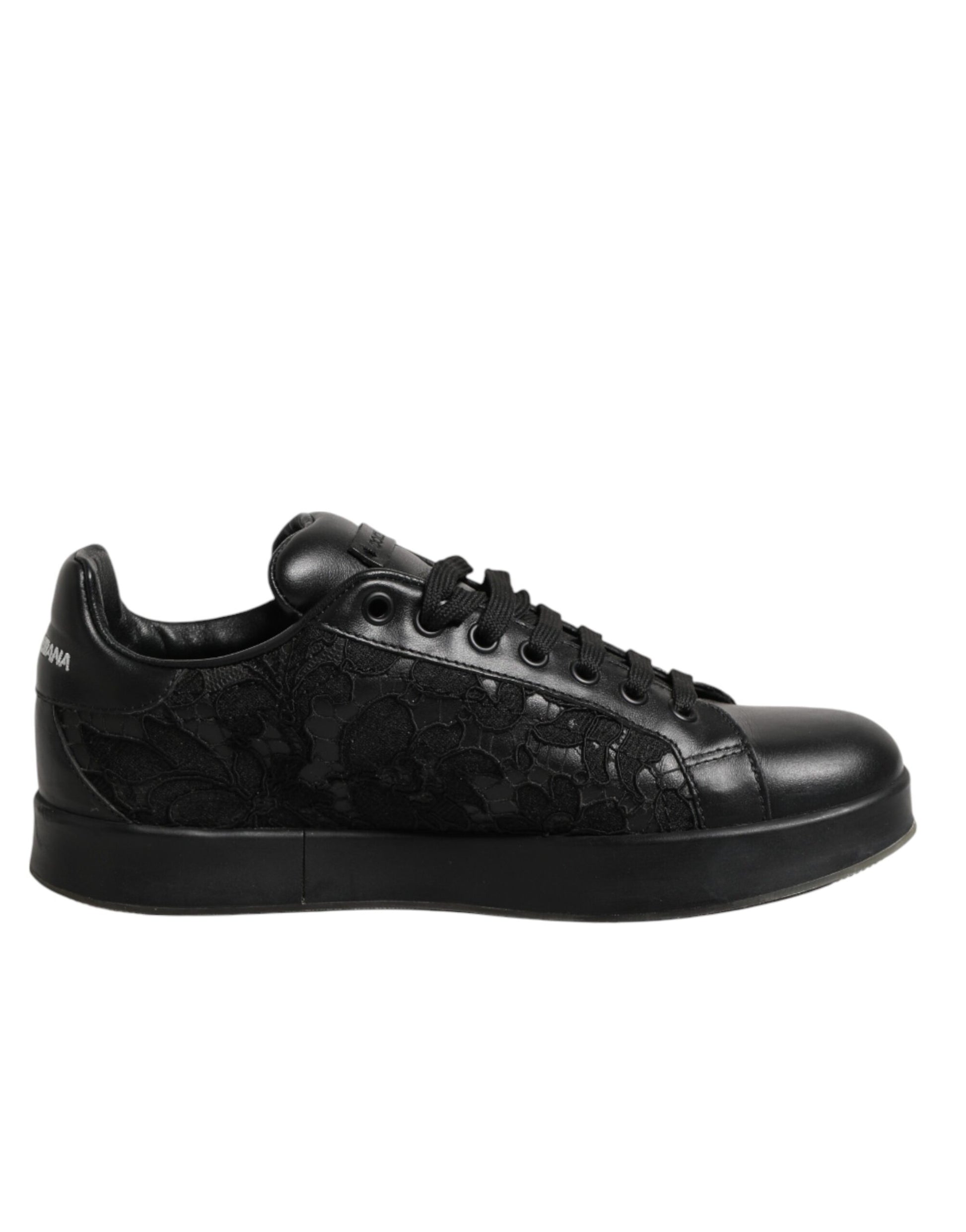 A black lace-up sneaker with floral pattern on the side, from the brand Dolce & Gabbana