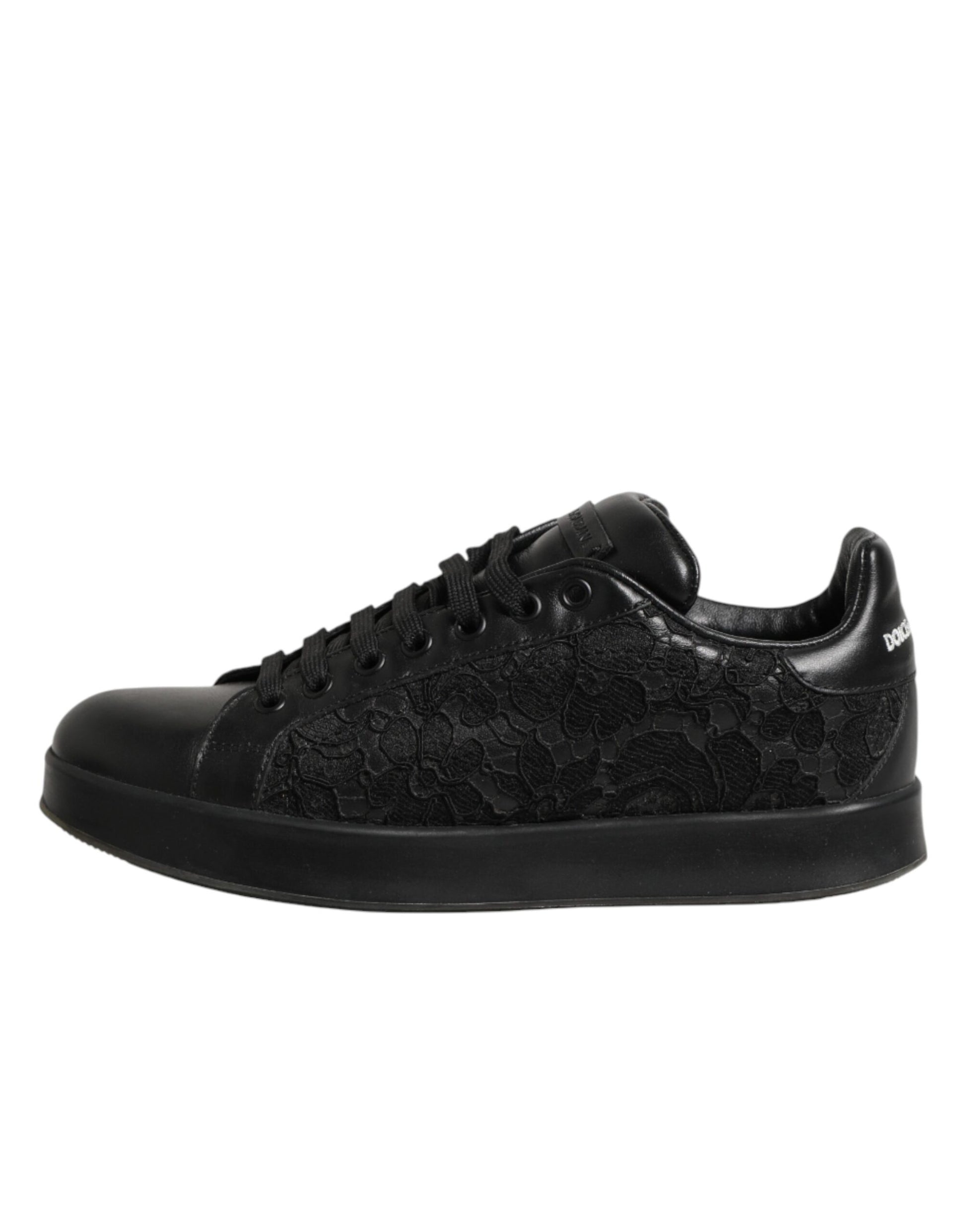 Black lace-up sneakers with floral pattern on side and sole