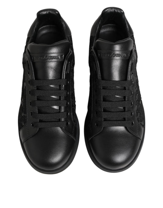 Pair of black sneakers with white stripes on sides