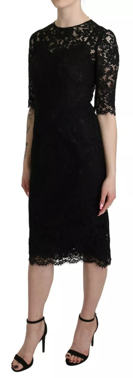 A black lace sheath dress with floral pattern, knee length, from the brand Dolce & Gabbana