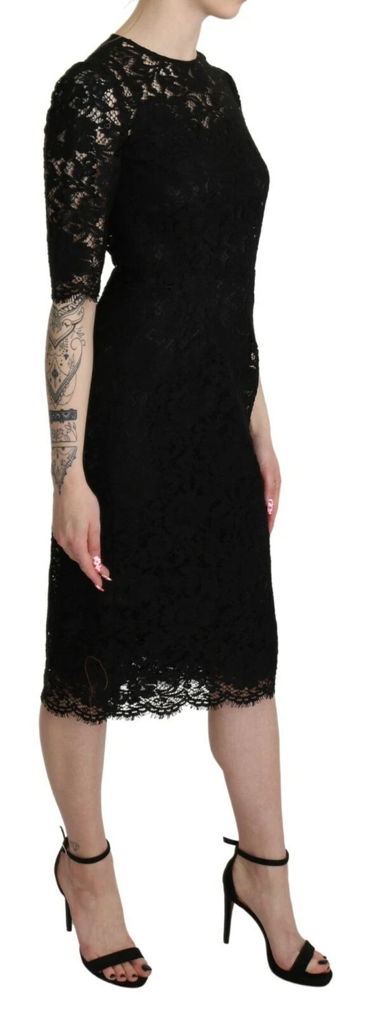 A black lace sheath dress with floral pattern