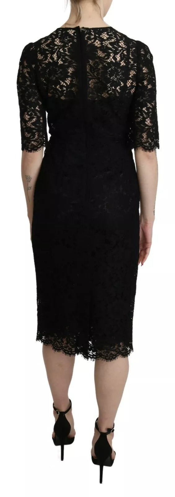 A black lace sheath dress with floral pattern, knee length, from the brand Dolce & Gabbana