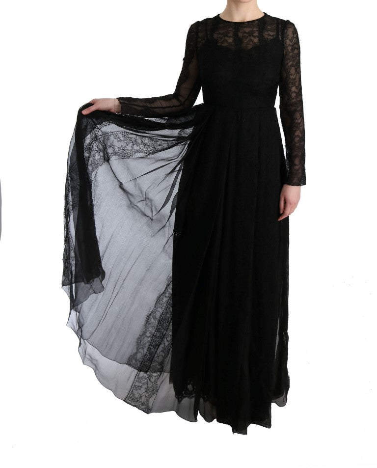 Long black lace dress with sheer overlay