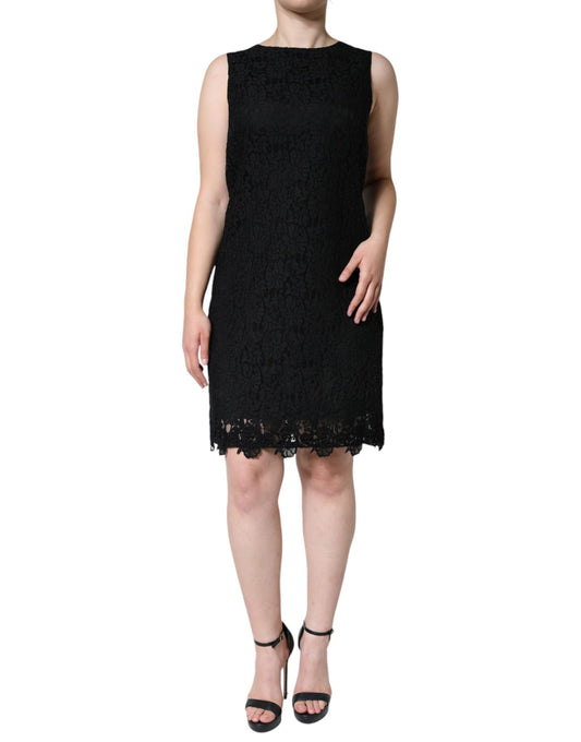 A black lace sheath dress with floral pattern, sleeveless and mini length