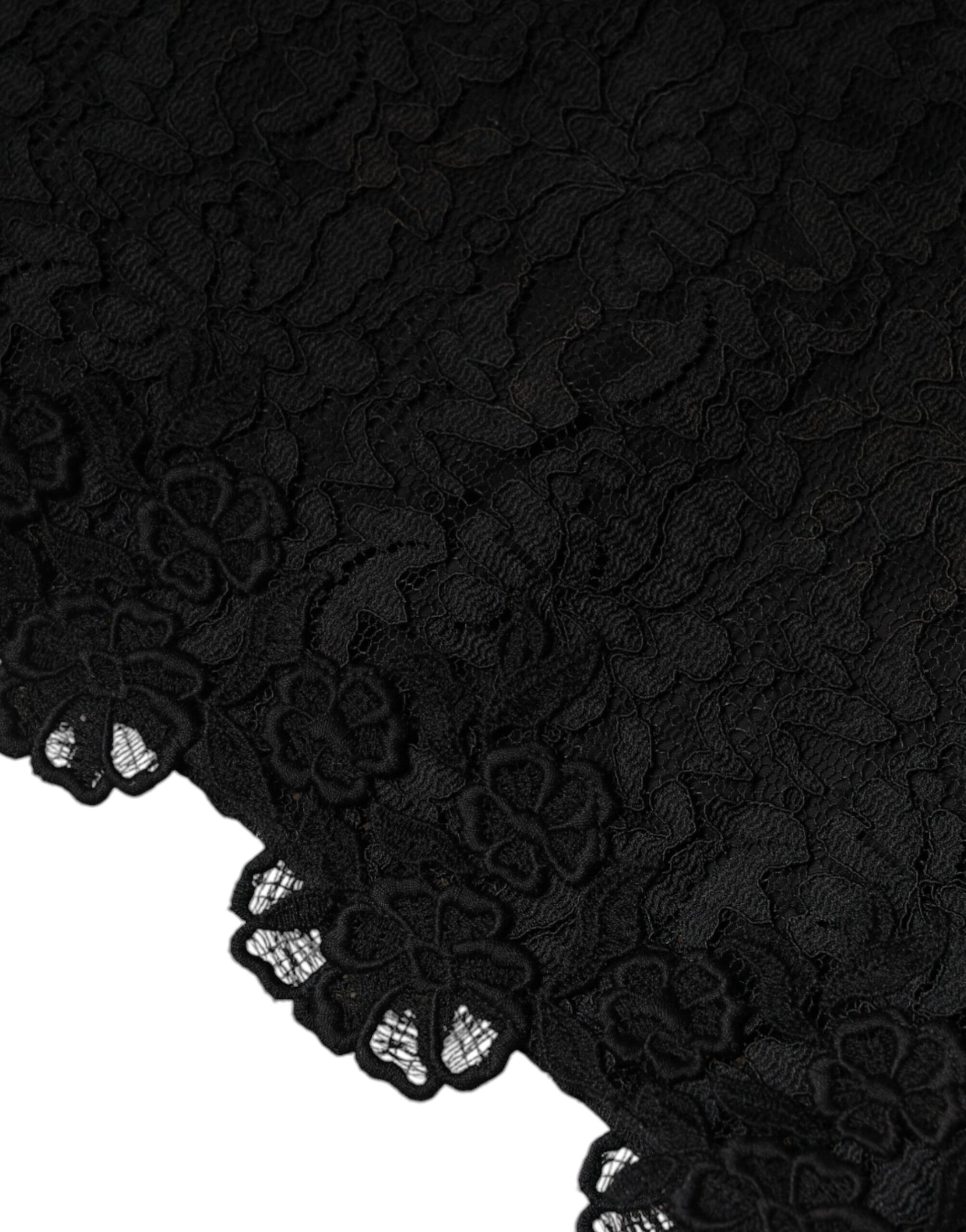 A black lace sheath dress with floral pattern