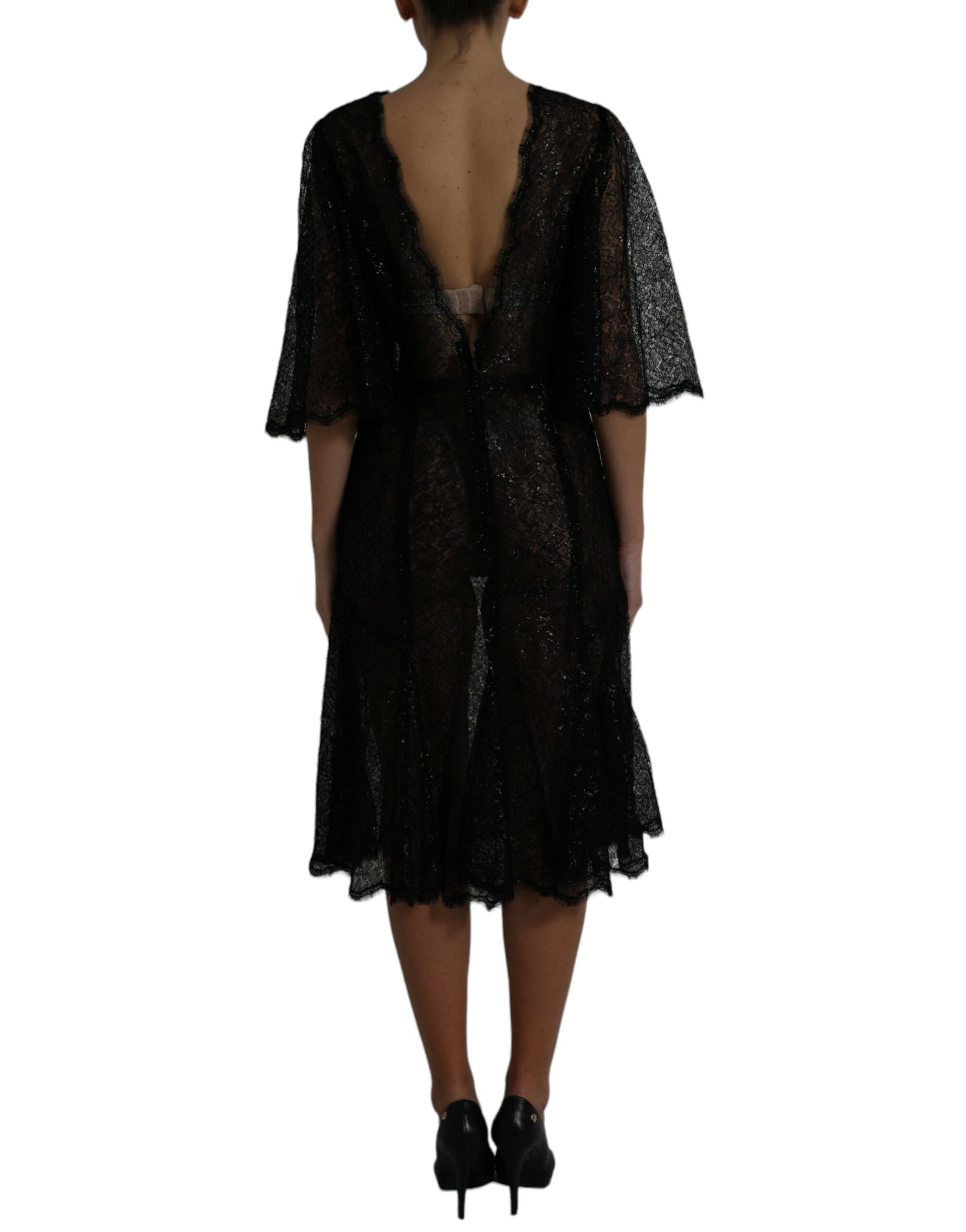 Black floral lace sheer midi dress with backless design