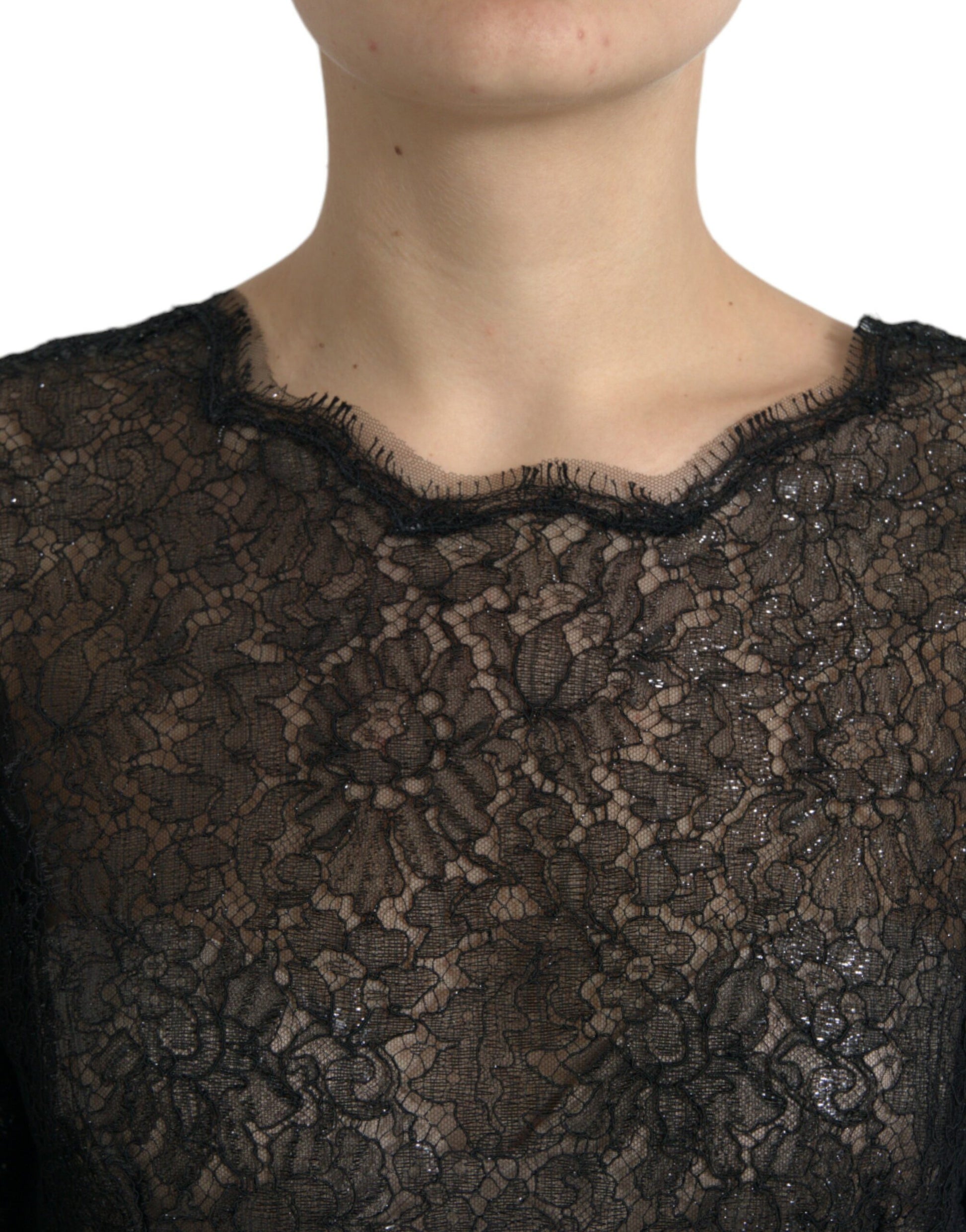 Black lace sheer midi dress with floral pattern, A-line style
