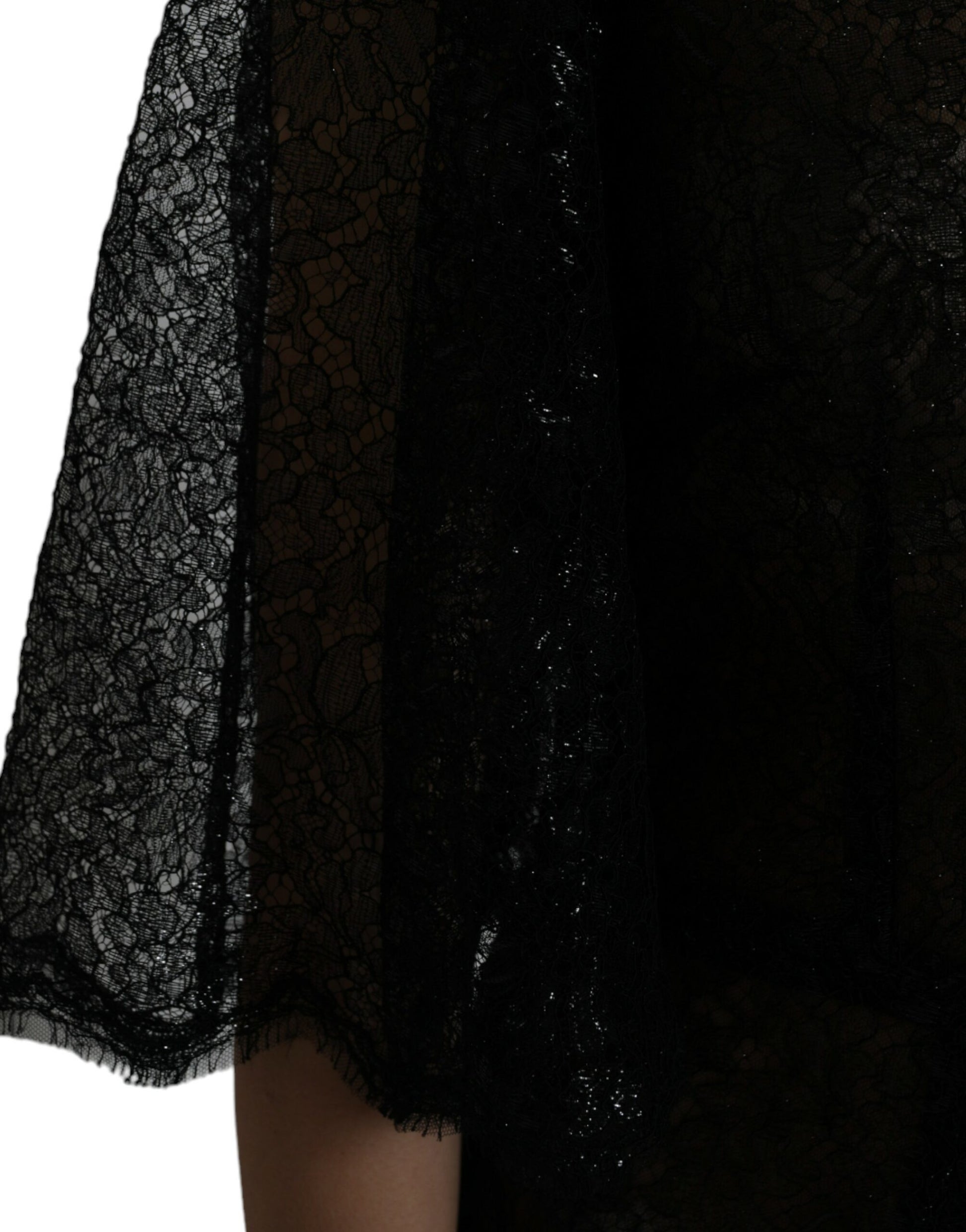 Black lace sheer midi dress with floral pattern and sequin details