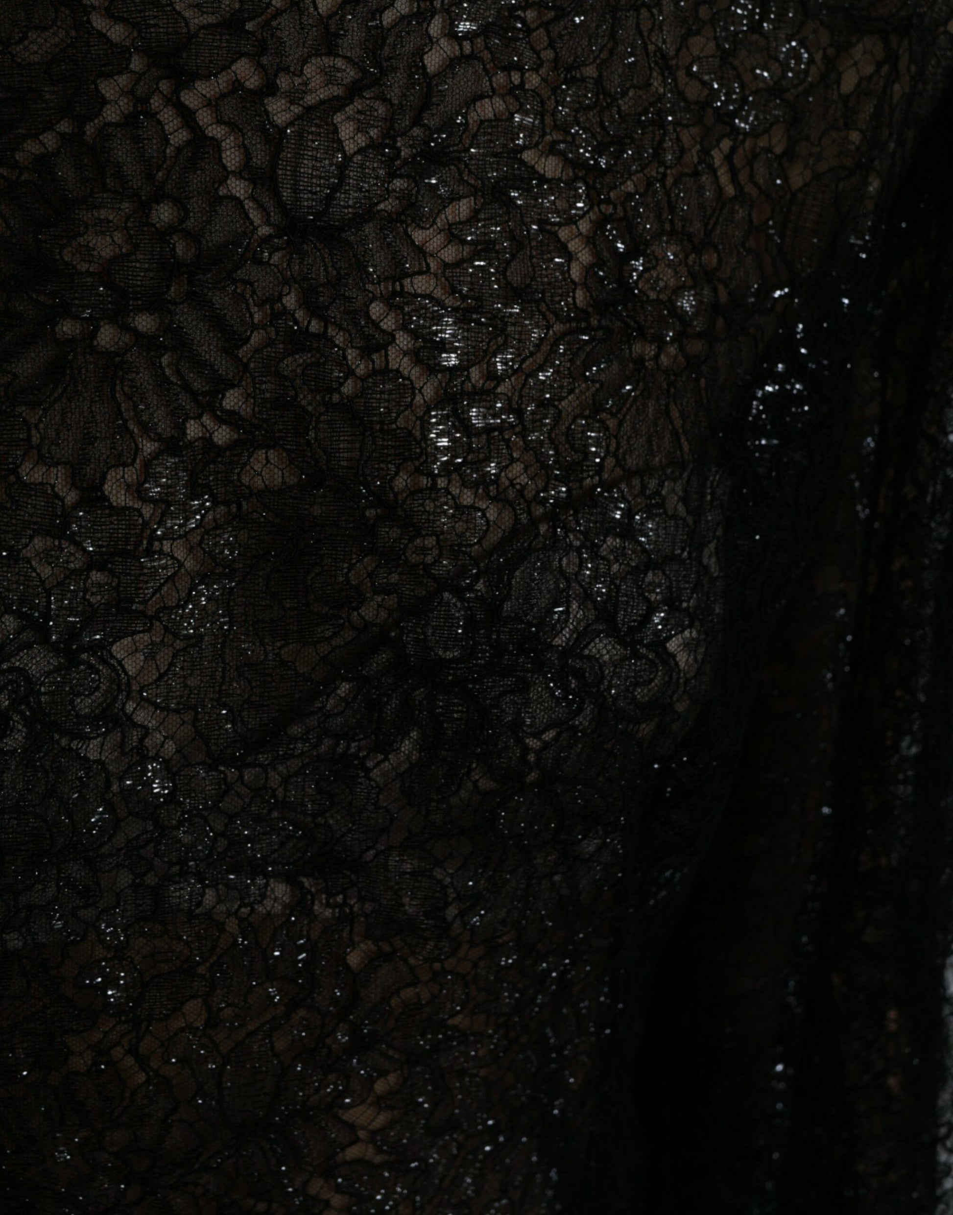 A black lace dress with floral patterns, featuring sheer fabric and an A-line silhouette