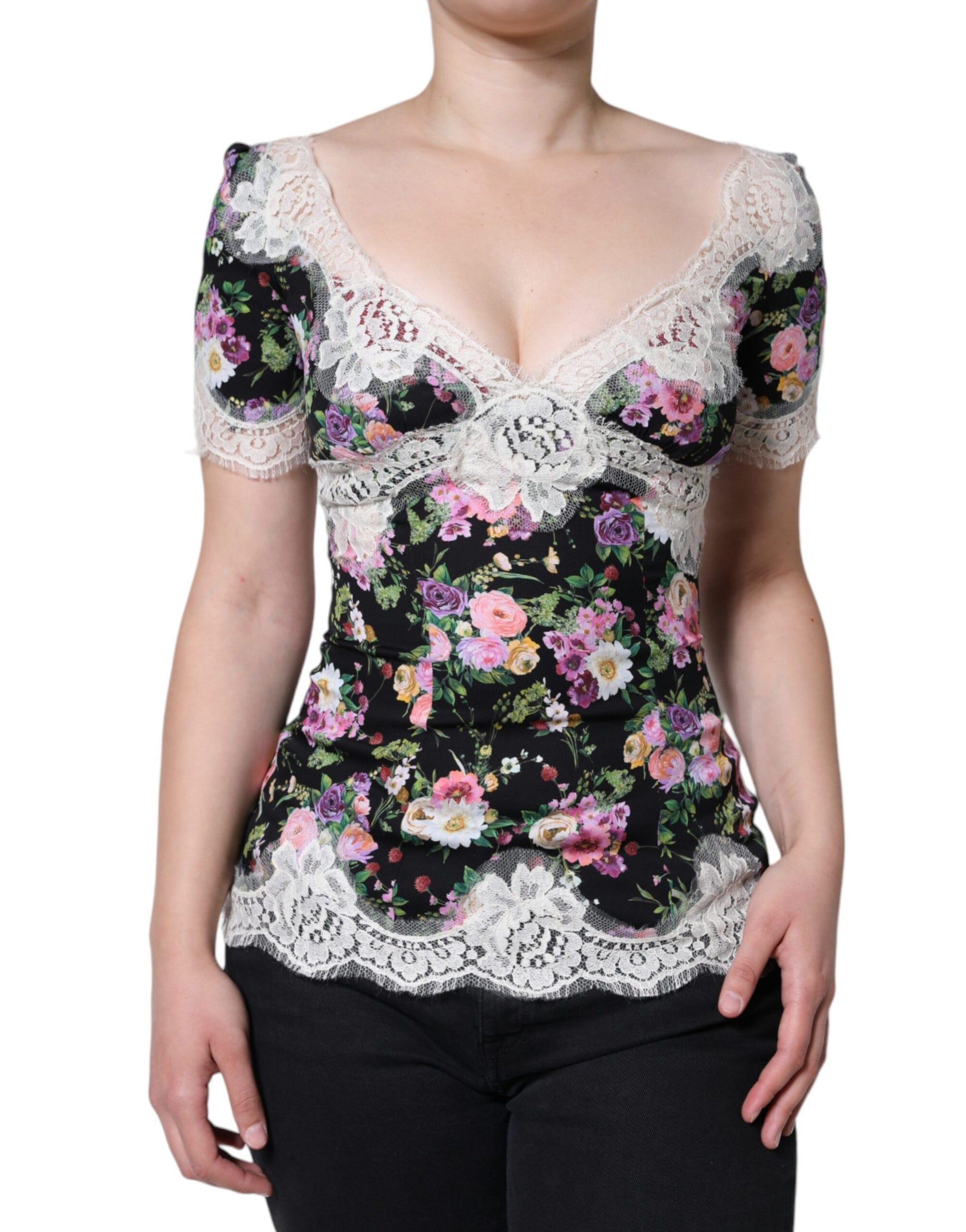 Floral print top with lace trim