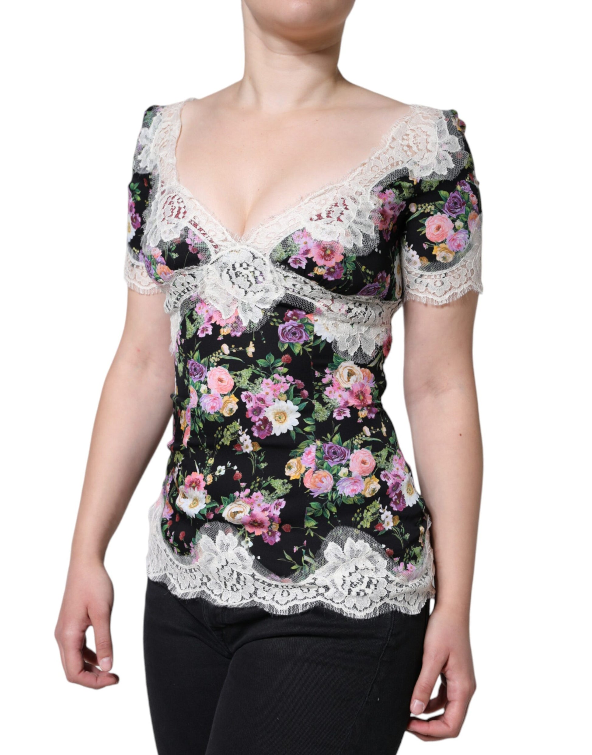 Floral print lace top on woman