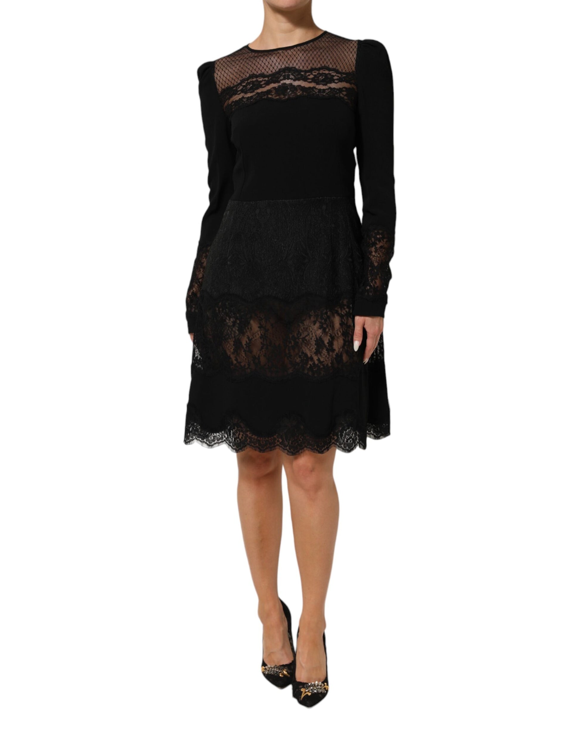 Black lace dress with floral trim and sheer overlay
