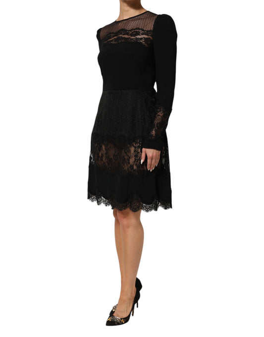 Black lace sheath dress with floral trim, A-line silhouette