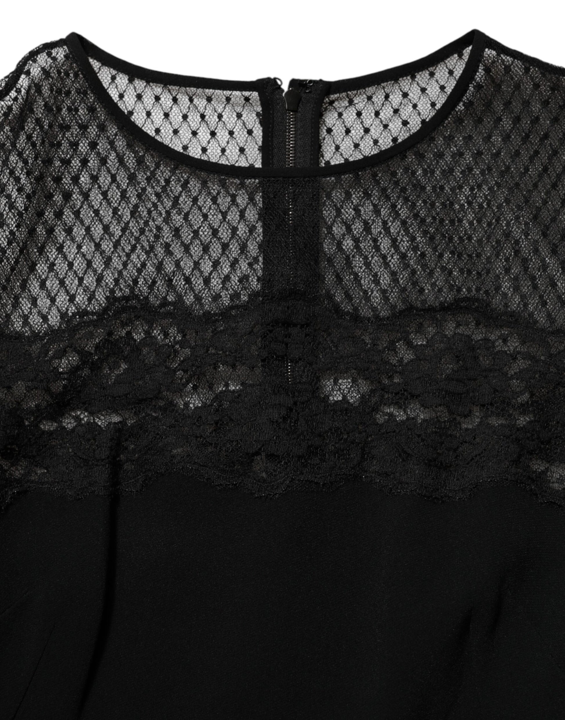 Black lace sheath dress with floral trim and A-line silhouette