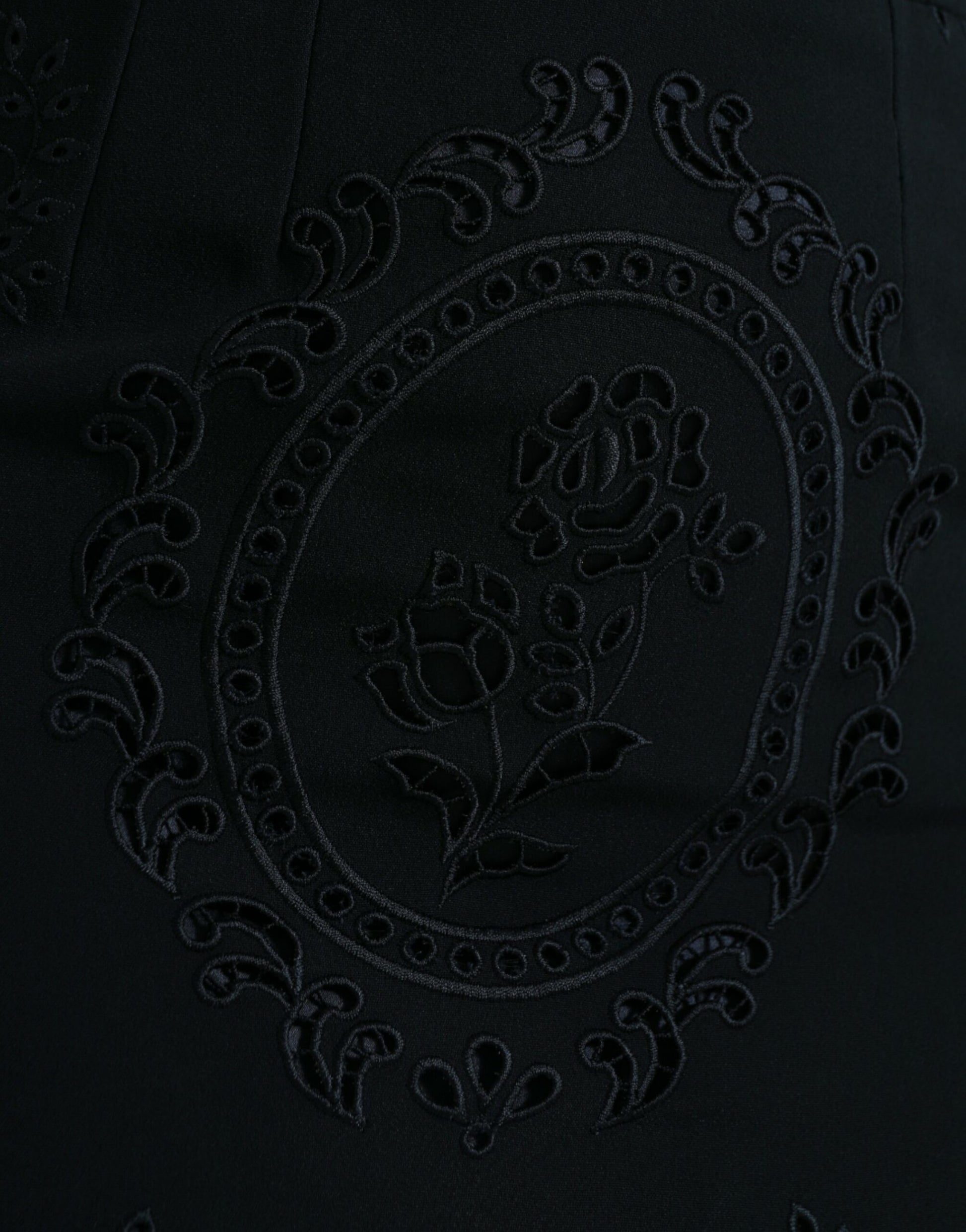 A black floral lace viscose bodycon midi dress with a detailed embroidered design