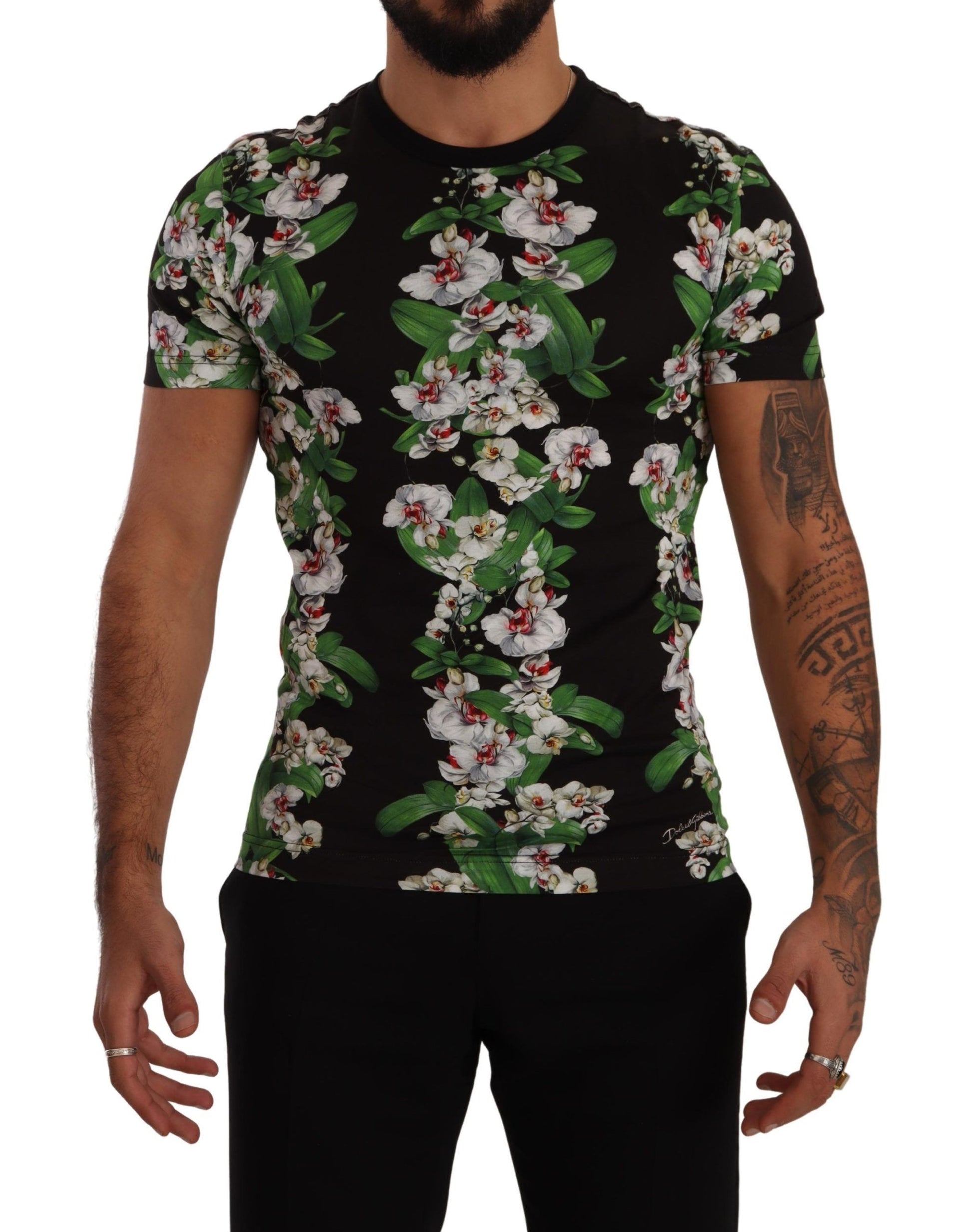 Man wearing black t-shirt with floral pattern on front