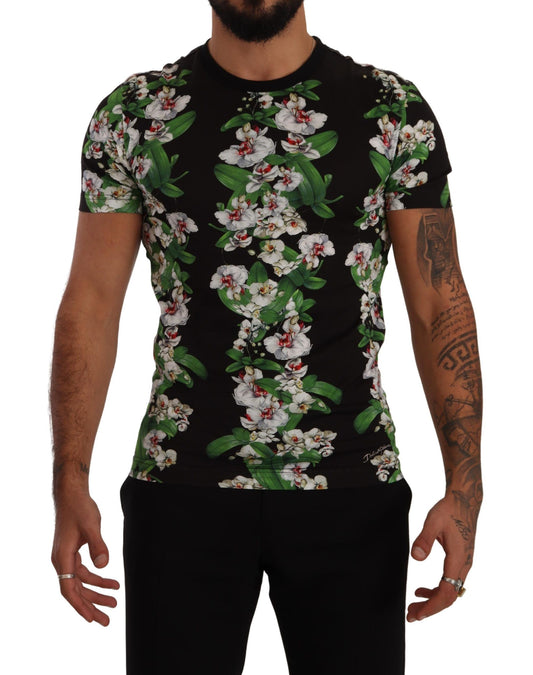 Man wearing black t-shirt with floral pattern on front