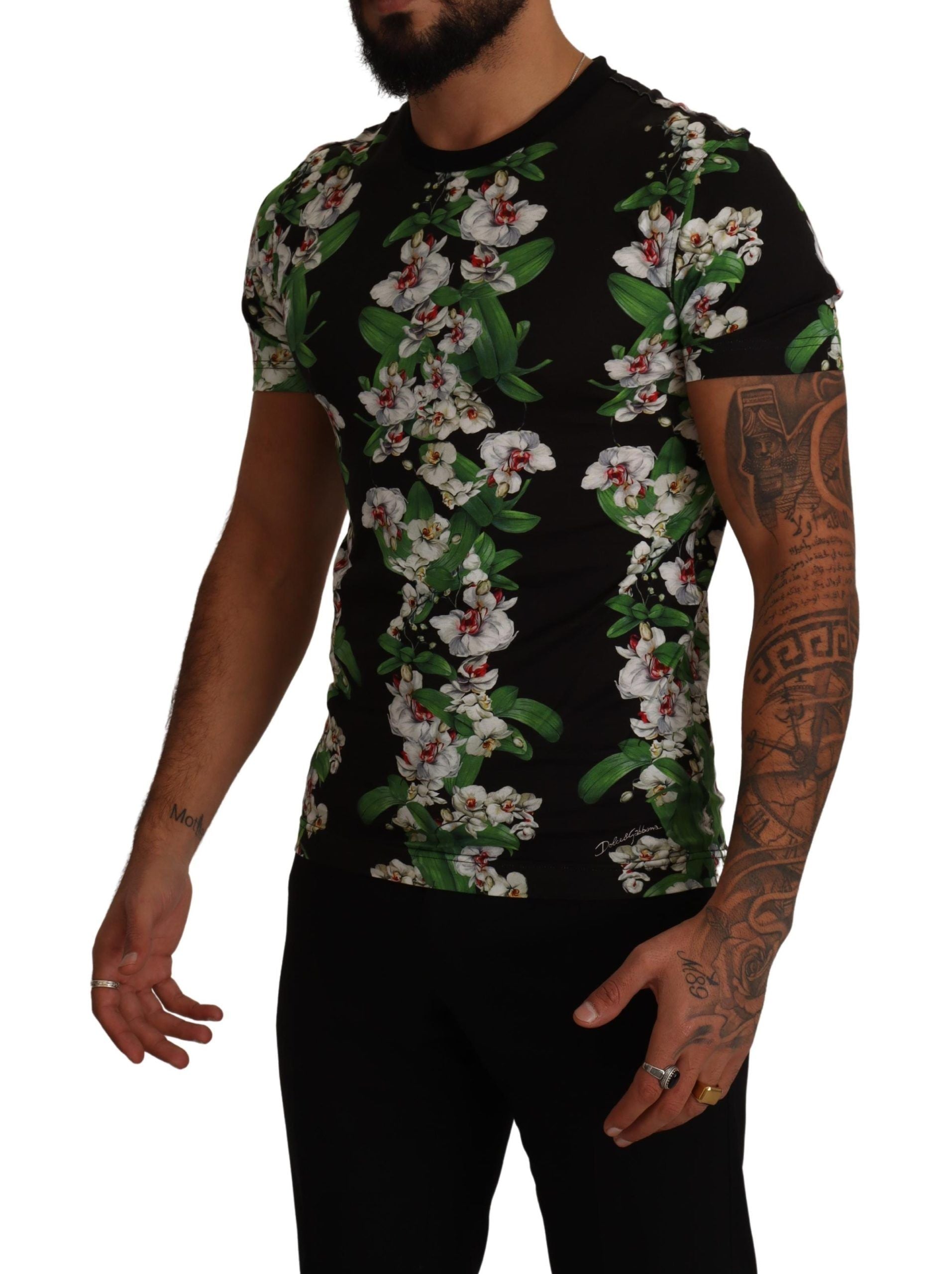 Man wearing floral print t-shirt