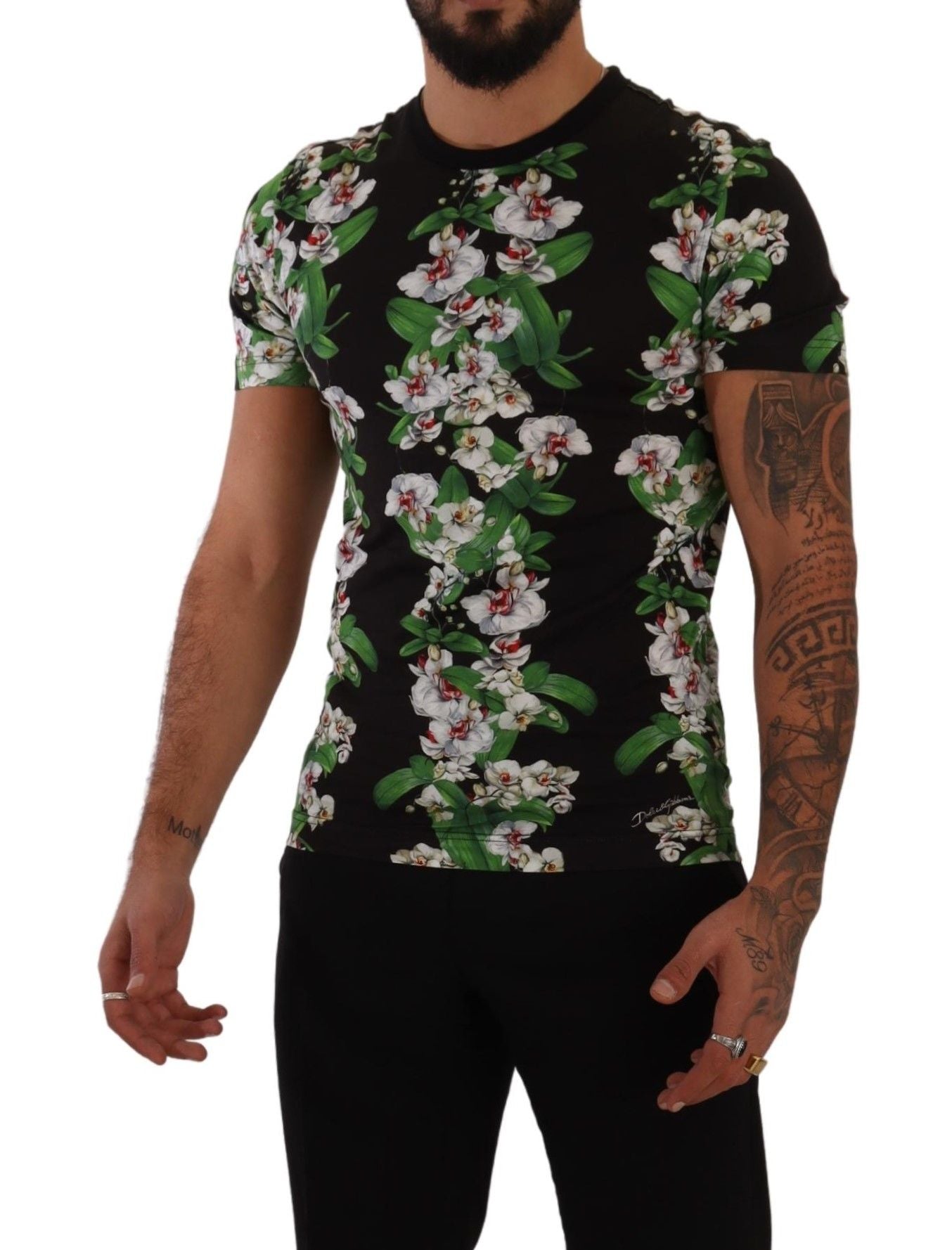 Man wearing black t-shirt with floral pattern