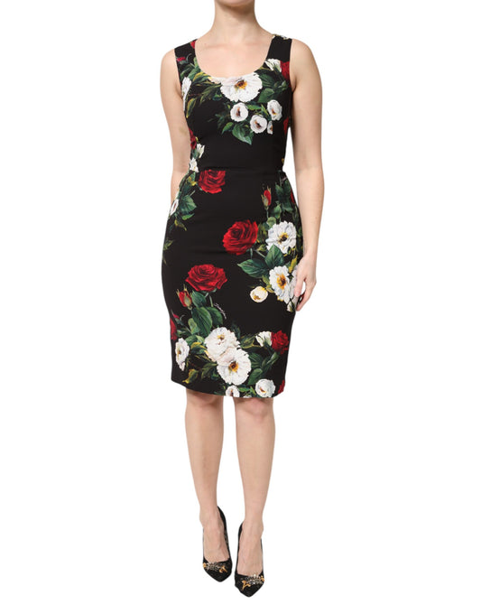 A black sleeveless sheath dress with floral print