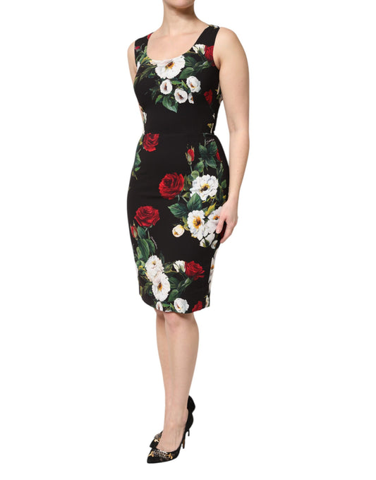 A black floral print sleeveless sheath dress by Dolce & Gabbana