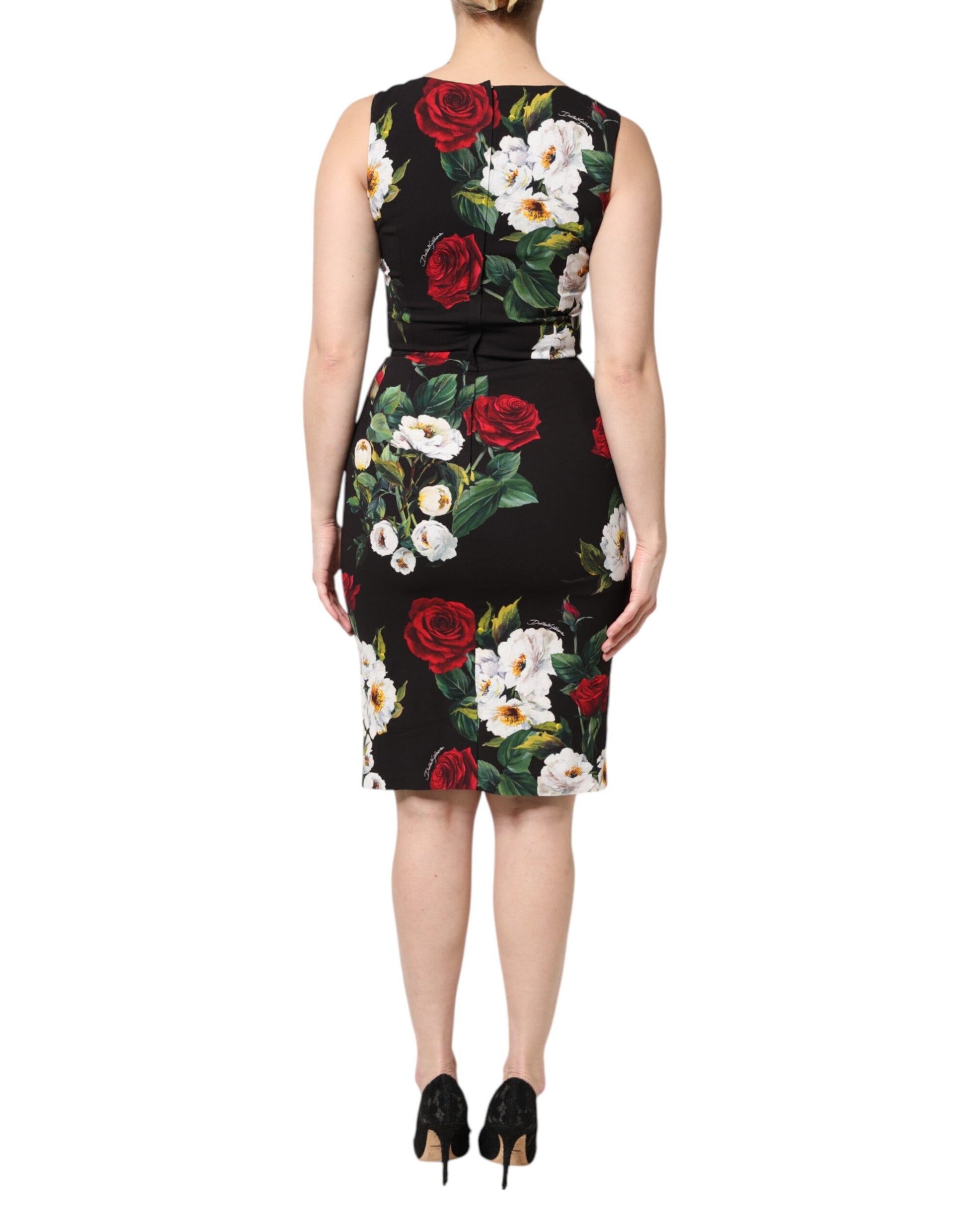 A sleeveless black dress with floral print