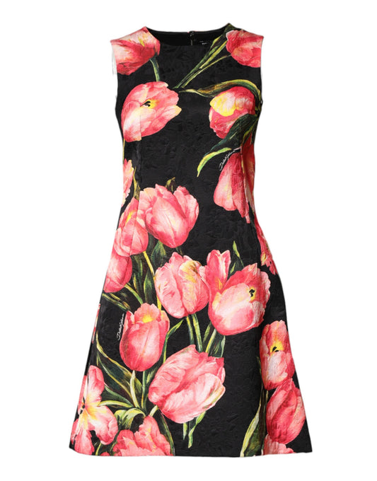 Black dress with floral print of pink and white flowers