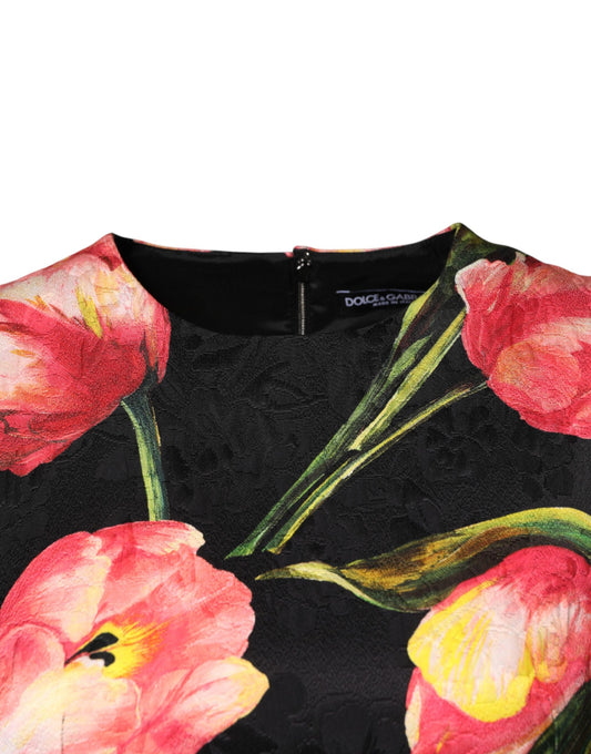 Black floral print viscose dress with a-line silhouette