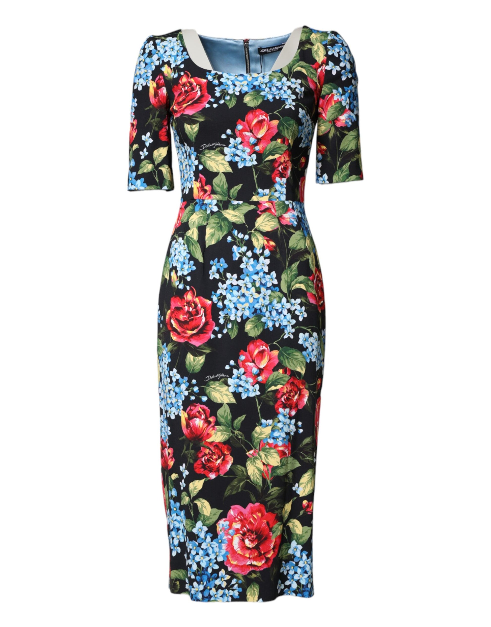 A black floral print midi dress with a V-neckline and short sleeves